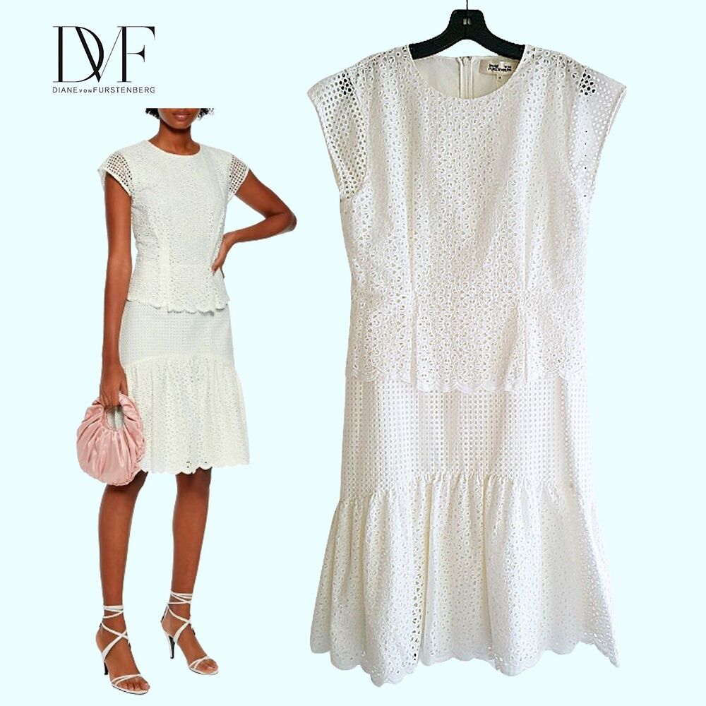 DIANE VON FURSTENBERG Annika Eyelet Lace Scalloped Dress 12 NWT
